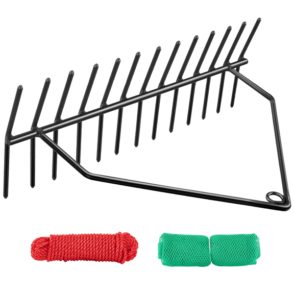 YOWPSY 32" Aquatic Weed Rake, No Assembly Required, 8.6" Steel Rod Lake Weed Cutter, One-Piece Welding, Lake Weed Rake for Pond Beach Landscaping, Perfect Tie Hole, 30ft Thicker Rope and Net, Black.