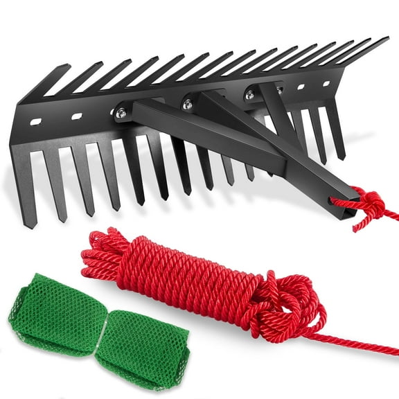 YOWPSY Pond Rake, Weed Removal Tool, Steel Blades 32 inch Aquatic Weed Rake, Double Sided Lake Weed Cutter, Clean Aquatic Weeds Muck Silt Lake Rakes, 30ft Thicker Rope, Black.