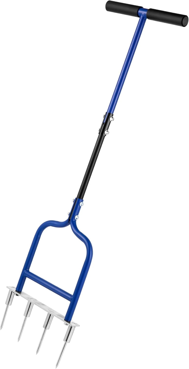 YOWPSY Spike Tine Fork Lawn Aerator - Four 5.2'' Stainless Steel Spikes Manual Gardening Hand Tool - Grass Dethatcher Aerator Lawn Tool with Solid Tines for Compacted Soil - Lawn Plugger Aerator.