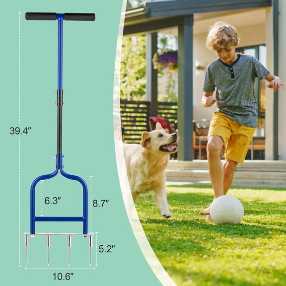 YOWPSY Spike Tine Fork Lawn Aerator - Four 5.2'' Stainless Steel Spikes Manual Gardening Hand Tool - Grass Dethatcher Aerator Lawn Tool with Solid Tines for Compacted Soil - Lawn Plugger Aerator
