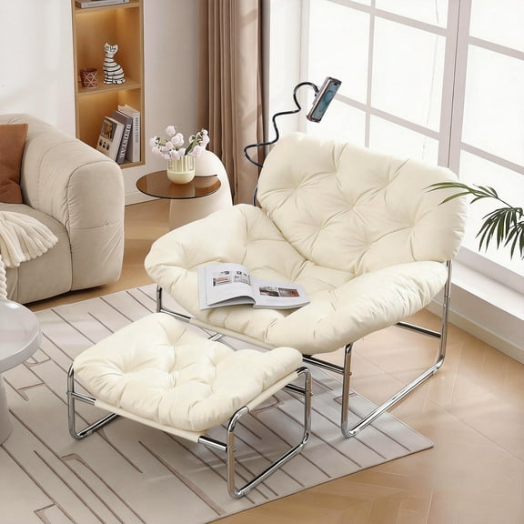 YOXIFOC Modern Accent Chair with Ottoman and Phone Holder - Comfortable Lounge Chair with Footrest for Living Room Bedroom Study Room Office(Cream White)