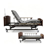 YOYI 4-Function Electric Adjustable Height Steel Hospital Bed Set for Senior with Washable Mattress, Foldable Side Rails, Overbed Table, IV Pole
