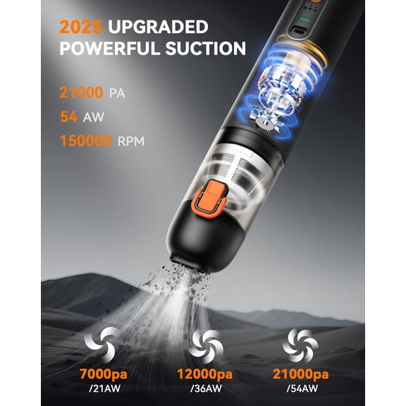 YOYOTO Handheld Car Vacuum - 21000Pa Powerful Suction, 4-in-1 Multi-Function, 3 Cleaning Modes, Rechargeable, Black