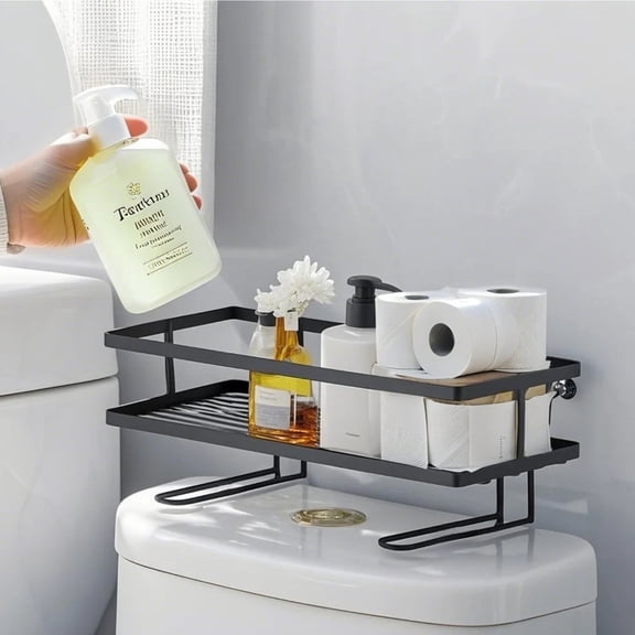 YOYTOO Over the Toilet Storage Shelf, Freestanding Bathroom Shower Caddy Organizer Behind Toilet Stand Shelves Towel Rack, Black