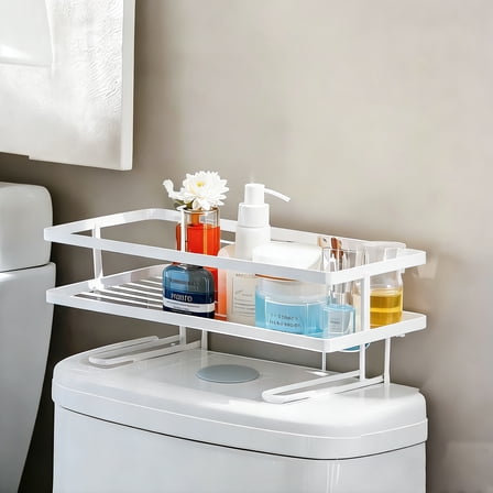 YOYTOO Over the Toilet Storage Shelf, Freestanding Bathroom Shower Caddy Organizer Behind Toilet Stand Shelves Towel Rack, White