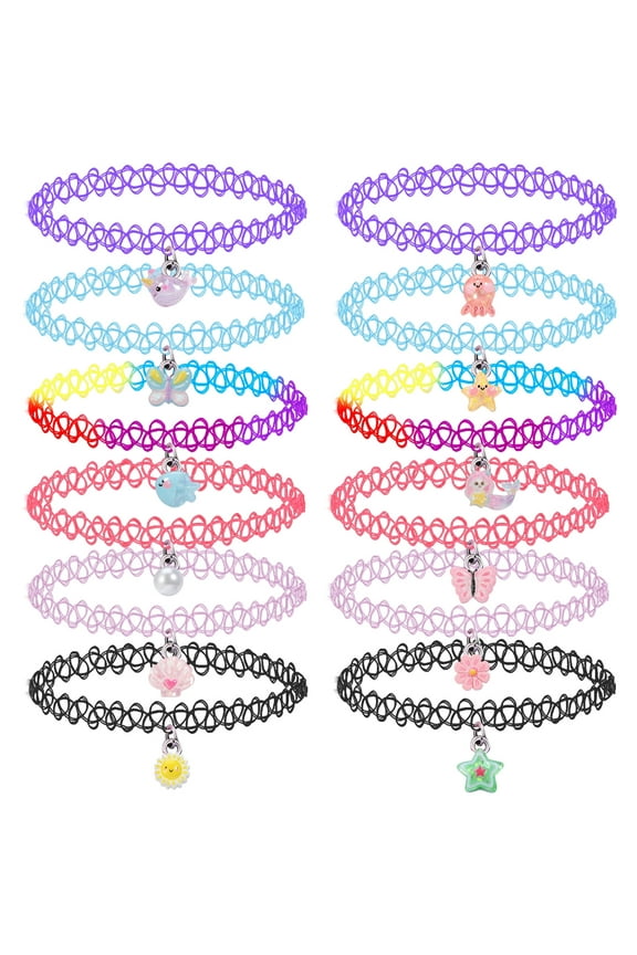 12Pcs Choker Necklace Set, Pendant Charm Chokers Henna Tattoo Stretch Elastic for Dress up