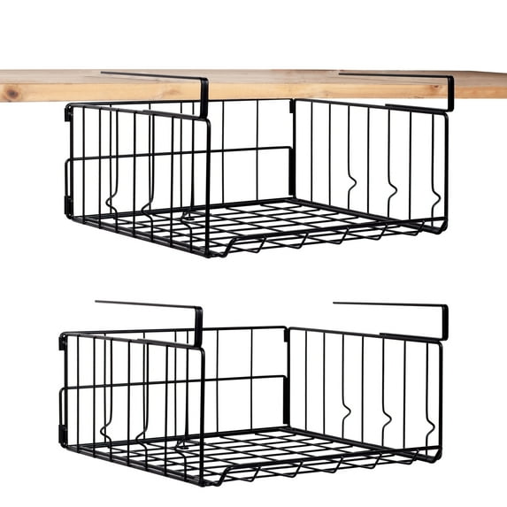 YOYTOO 2 Pack Under Shelf Basket, Cabinet Storage Hanging Baskets Organizer Wire Rack Shelves for Kitchen Pantry, Black