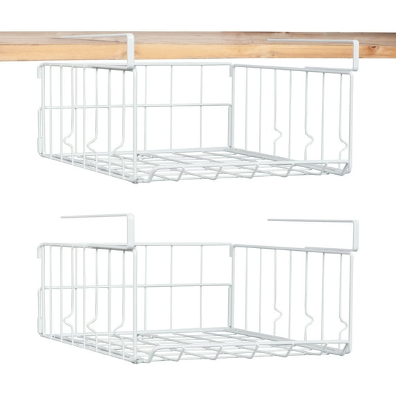 YOYTOO 2 Pack Under Shelf Basket, Cabinet Storage Hanging Baskets Organizer Wire Rack Shelves for Kitchen Pantry, White