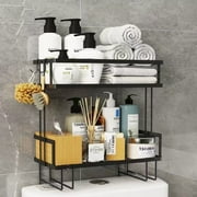 YOYTOO Over the Toilet Storage Shelf, 2 Tier Freestanding Bathroom Caddy Organizer Behind Toilet Stand Shelves Towel Rack, Black