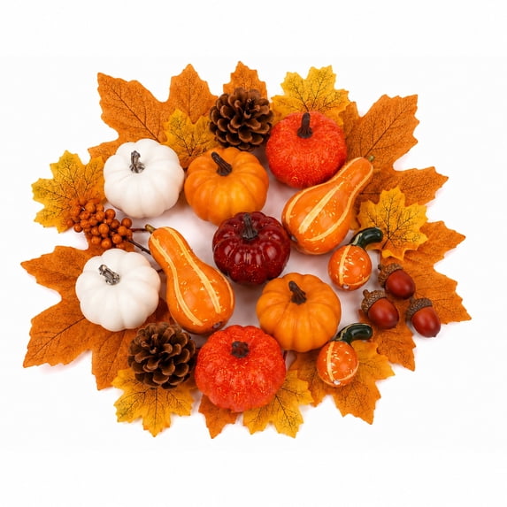 YOYTOO 21Pcs Foam Pumpkin Maple Leaf Set, Artificial Mini Pumpkins Decor for Indoor Outdoor Fall Harvest Thanksgiving Halloween Party