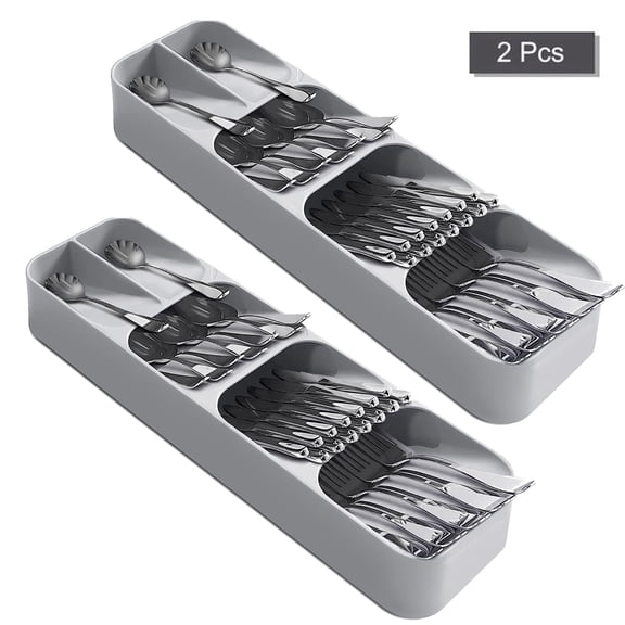 YOYTOO 2Pcs Kitchen Drawer Cutlery Organizer Silverware Organizer Utensil Storage Flatware Tray Holder, Gray