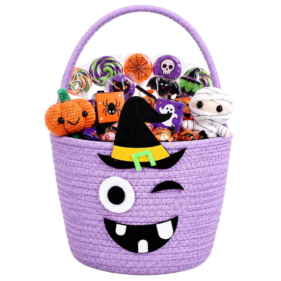 YOYTOO 3.6L Cute Halloween Basket for Kids, Cotton Rope Witch Hat Boo Candy Basket with Handle, Halloween Party Decorations, Trick or Treat Basket Bins, Purple