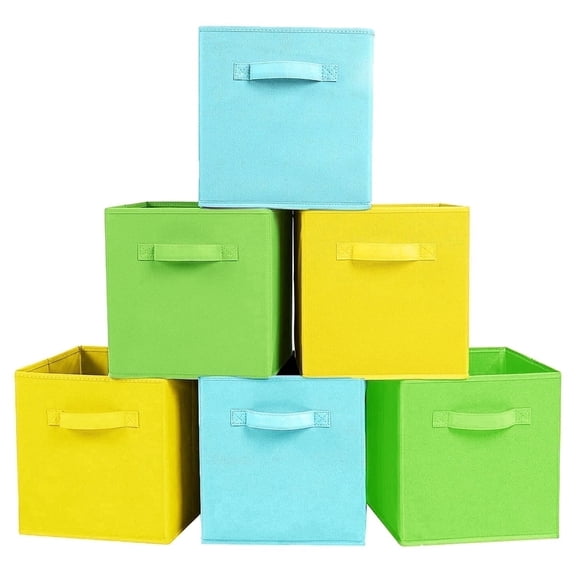 YOYTOO 6 Pack Cube Storage Bins with Handle, 11" Foldable Fabric Cube Organizer Baskets for Shelves and Cubby Organizers, Light Blue, Light Green, Yellow
