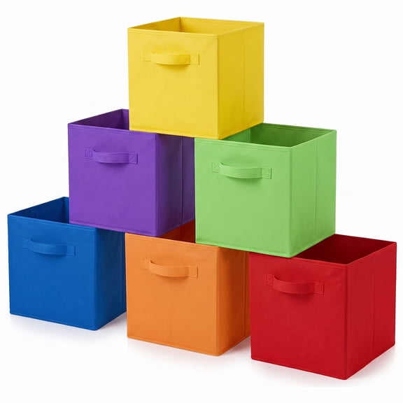 YOYTOO 6 Pack Cube Storage Bins with Handle, 11" Foldable Fabric Cube Organizer Baskets for Shelves and Cubby Organizers, Rainbow