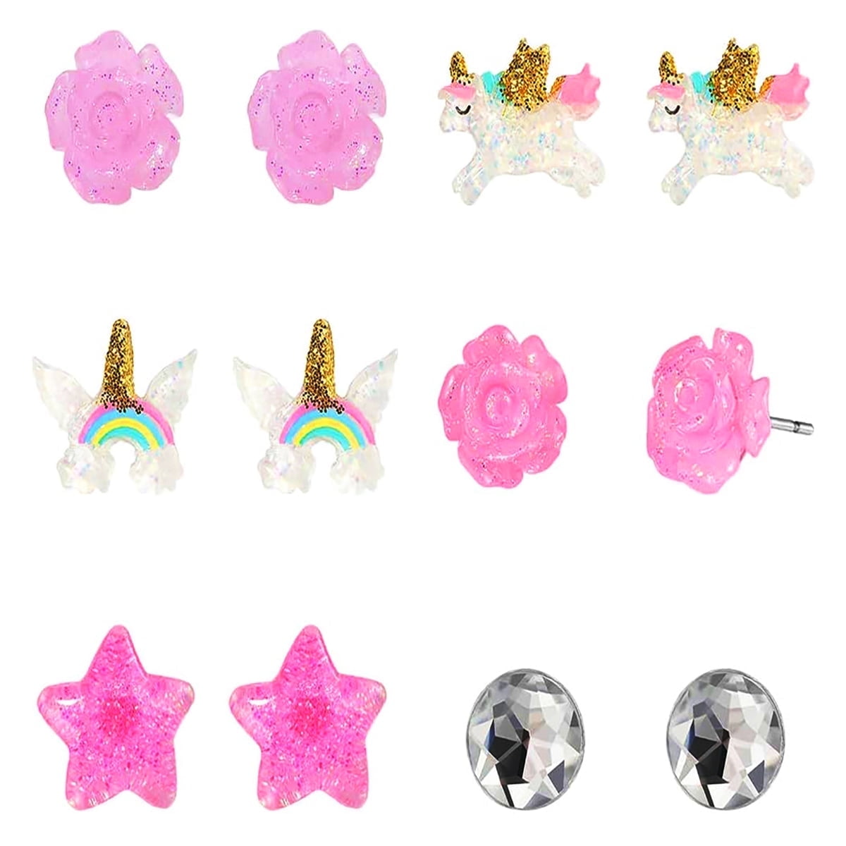 YOYTOO 6 Pairs Stud Earrings Set, Unicorn Rainbow Flower Earrings Jewelry Set for Dress up