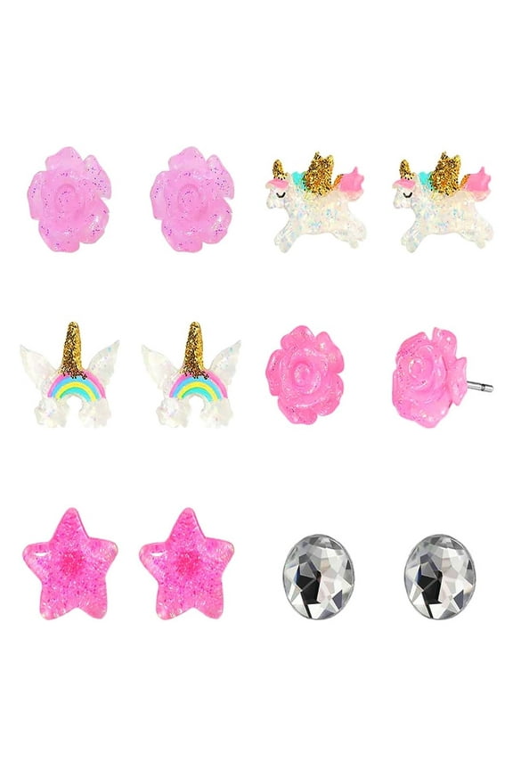 6 Pairs Stud Earrings Set, Unicorn Rainbow Flower Earrings Jewelry Set for Dress up