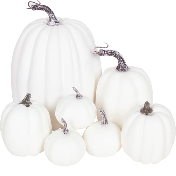 YOYTOO 7 Pcs Artificial Fake Pumpkins Fall Decoration, 4 Sizes, DIY Foam Pumpkins for Halloween Autumn Harvest Thanksgiving Table top House Dining Table Party Decoration (White)