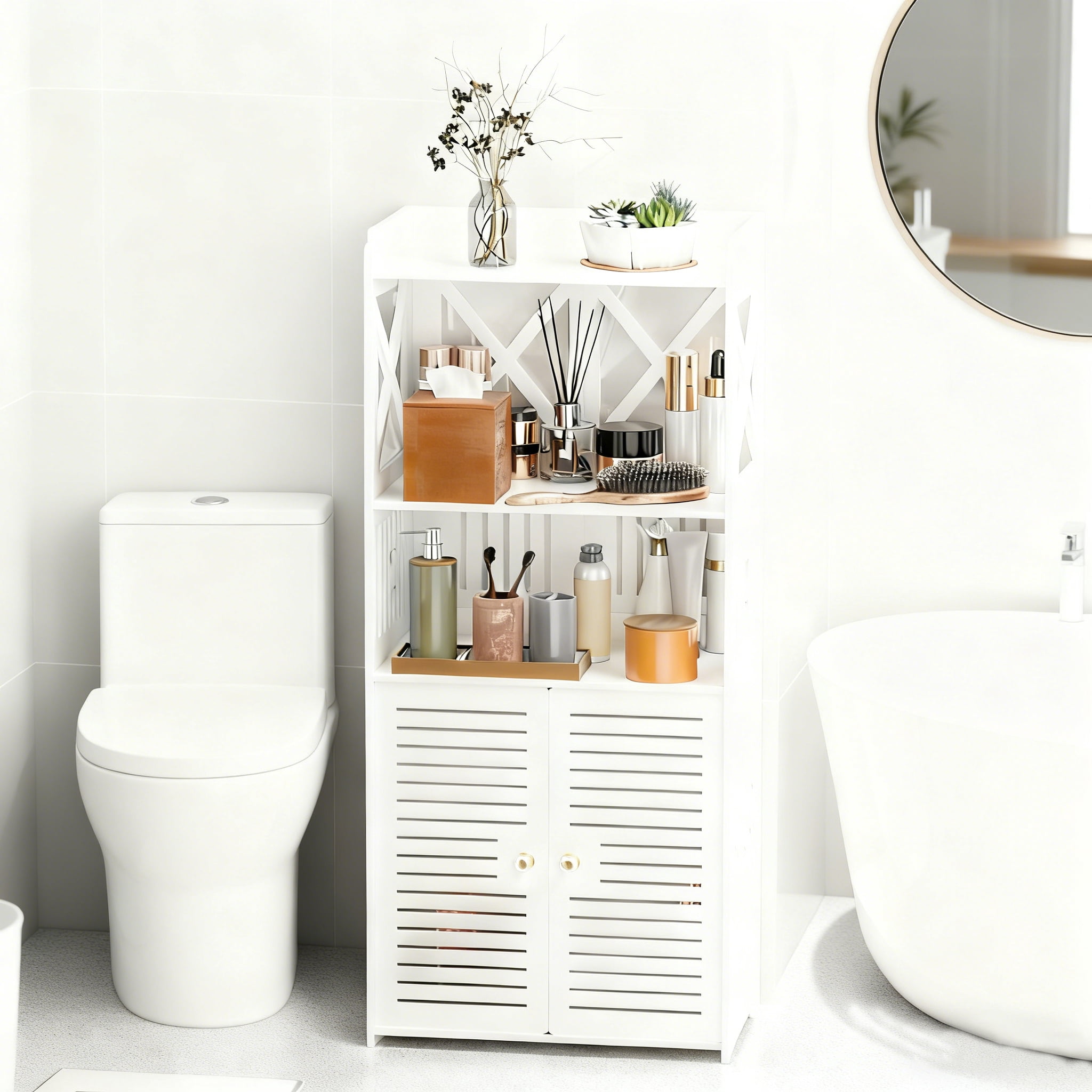 YOYTOO Bathroom Floor Storage Cabinet, 4 Tier Free Standing Shelving Unit Organizer Stand with 2 Doors 4 Shelves for Small Spaces, White