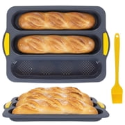YOYTOO Silicone Bread Loaf Pan, 3 Cavity French Baguette Sourdough HotDog Bun Sub Roll Molds with Brush for Homemade Baking Bread