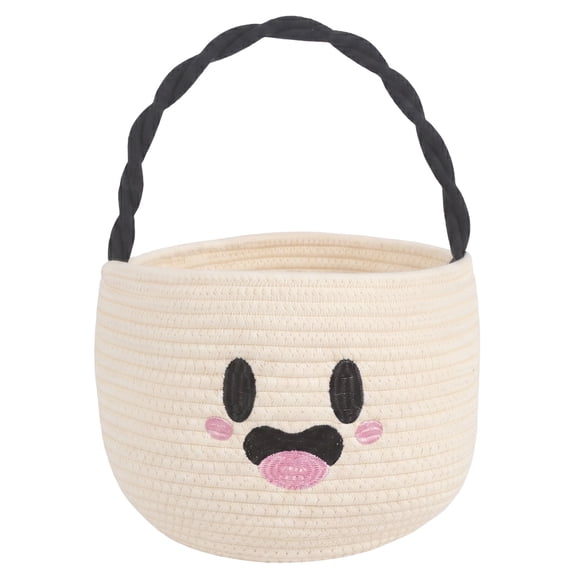 YOYTOO Cotton Rope Halloween Basket with Handle, Cute Boo Baskets for Kids, Halloween Ghost Bins for Candy Girl Boy Party Decoration, White
