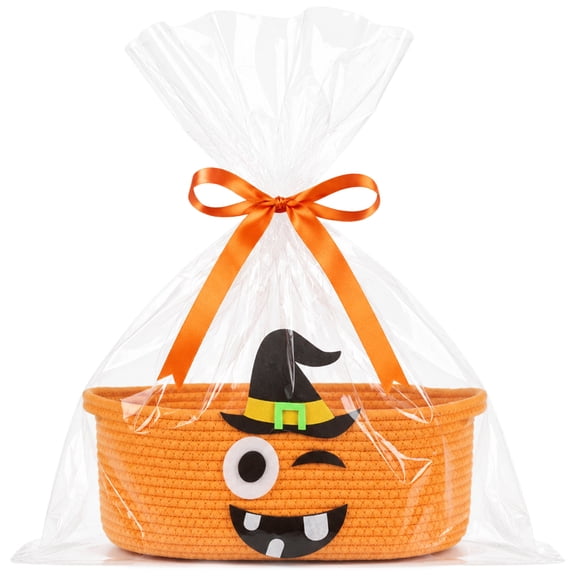 YOYTOO Halloween Candy Basket with Gift Bags and Ribbons, Cotton Rope Trick or Treat Basket for Kids, Halloween Boo Basket with Handle, Party Favor Gift Organizer, Orange, 12” x 5”