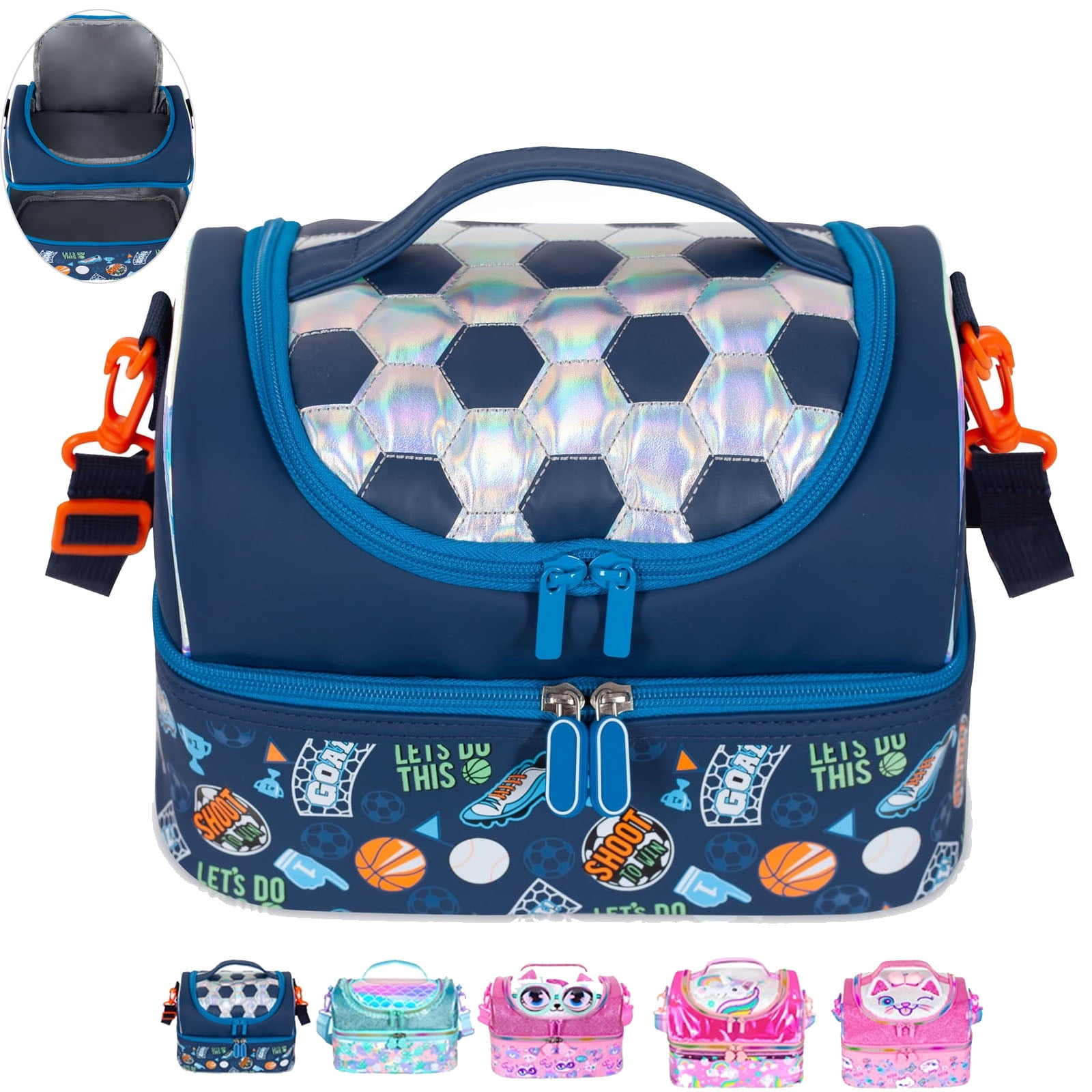 YOYTOO Insulated Lunch Bag, Double Deck Lunch Tote Bag Cooler Box with Adjustable Strap, Soccer