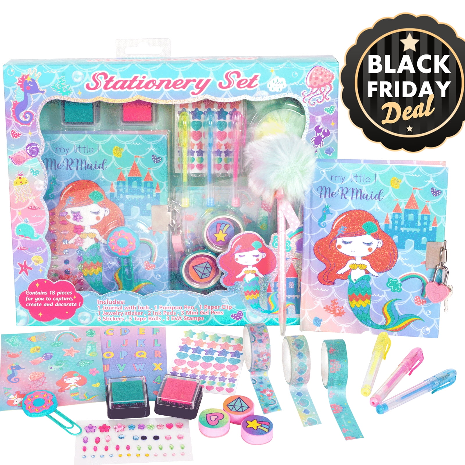 YOYTOO Mermaid Diary with Lock and Keys, Stationery Set with Stamps Stickers Pens Notebook Journal Diaries Kit