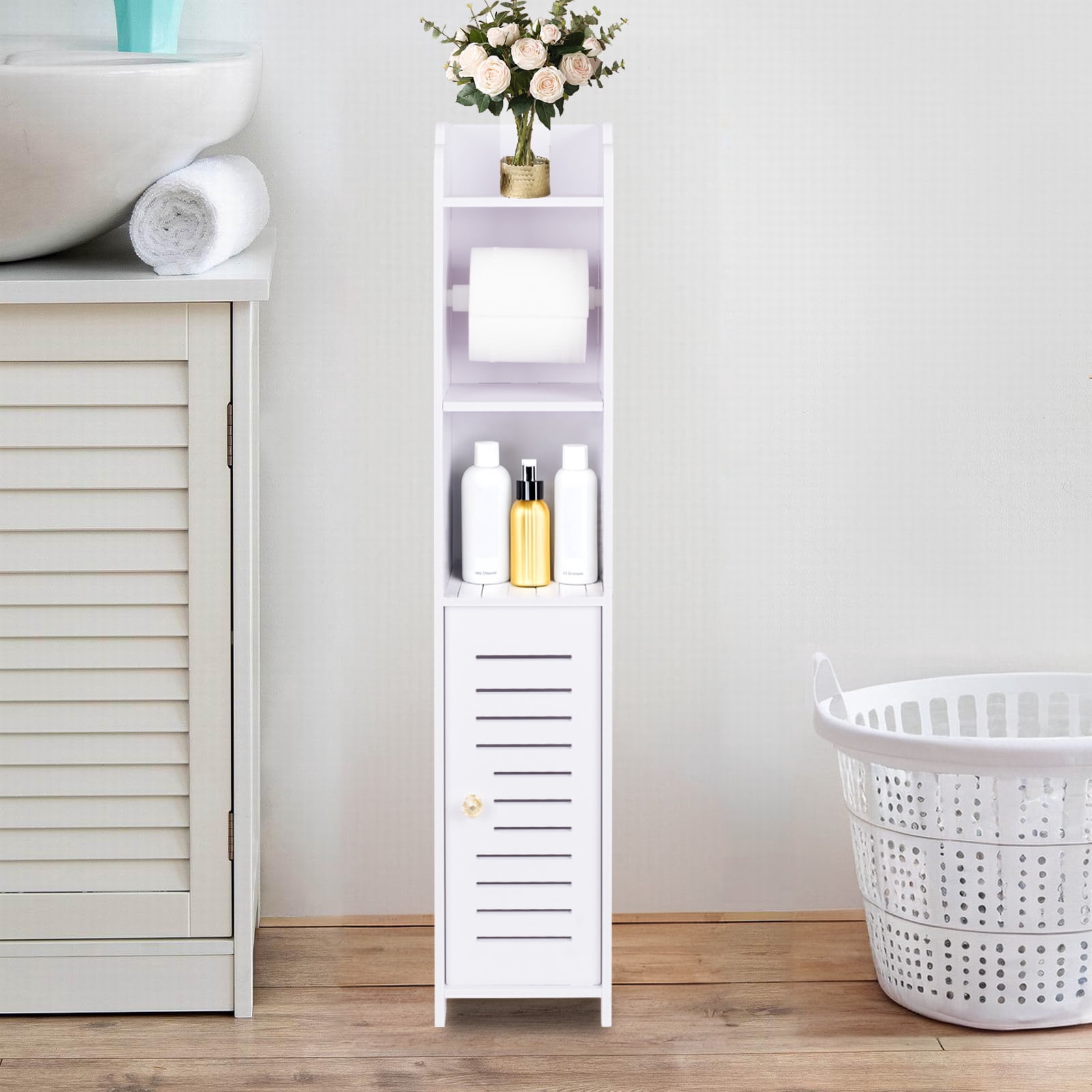 YOYTOO Bathroom Storage Cabinet with Doors and Shelves, Toilet Paper Roller Holders Free Standing Organizer for Small Spaces
