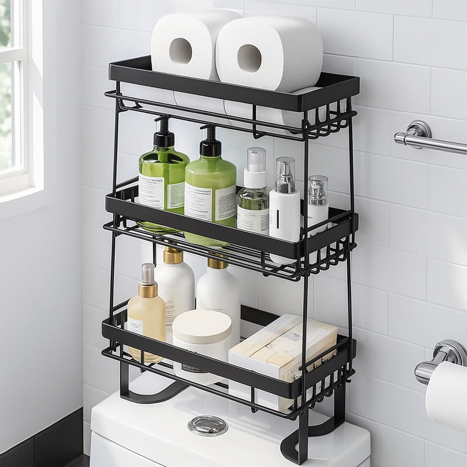 YOYTOO Over the Toilet Storage Shelf, 3 Tier Freestanding Bathroom Caddy Organizer Behind Toilet Stand Shelves Towel Rack with Toilet Paper Roll Holder, Black