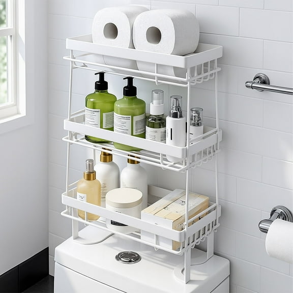 YOYTOO Over the Toilet Storage Shelf, 3 Tier Freestanding Bathroom Caddy Organizer Behind Toilet Stand Shelves Towel Rack with Toilet Paper Roll Holder, White
