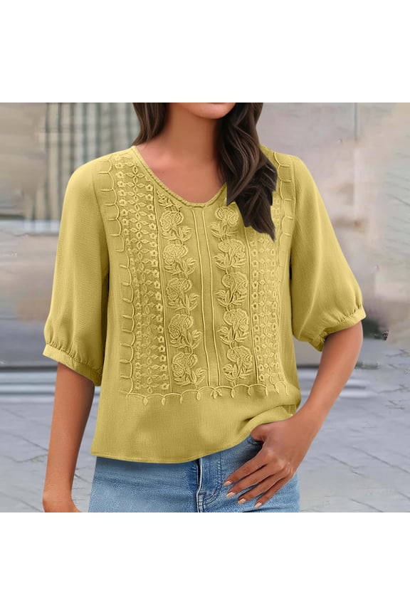 Blouses For Women Dressy Casual Women Casual Summer V Neck Pleated Cotton Linen Embroidered Loose Blouse Top Yellow M-3Xl