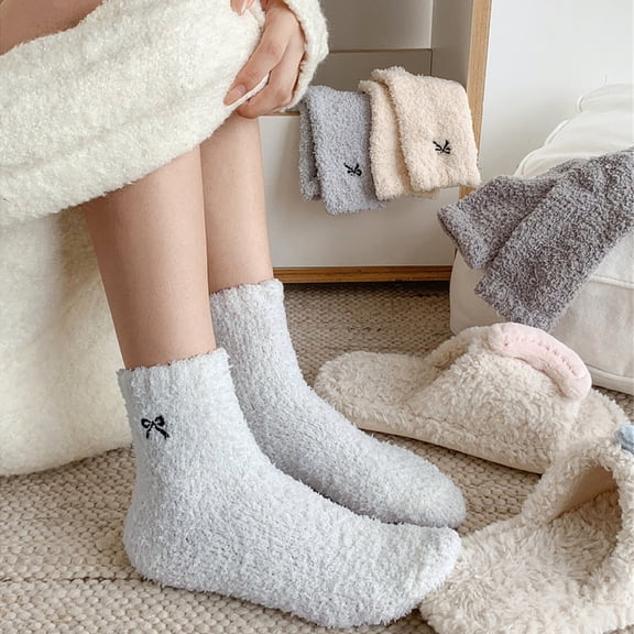 YOZGXEG Compression Socks For Women Thick Fleece Lined Coral Fleece Women'S Plush Bow Knot Sleep Socks Warm For Autumn And Winter 1 Pair Blue One Size