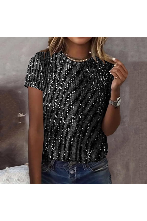 Going Out Tops For Women Sequin Top Women Round Neck Short Sleeve Glitter Tee Evening Blouse Shimmering Black S-Xxl