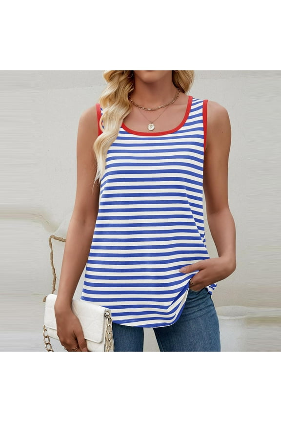 Going Out Tops For Women Striped Suspender Vest Women Round Neck Sleeveless Casual Polyester Cotton Top Blue S-Xxl
