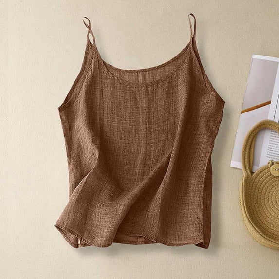 YOZGXEG Going Out Tops For Women Women Cotton Linen Spaghetti Strap Loose Fit Sleeveless Camisole Tank Top Summer Casual Top Brown 3Xl-5Xl