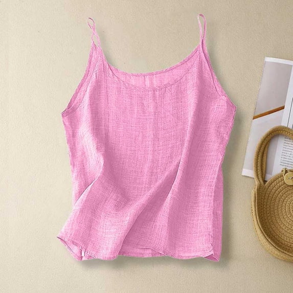 YOZGXEG Going Out Tops For Women Women Cotton Linen Spaghetti Strap Loose Fit Sleeveless Camisole Tank Top Summer Casual Top Pink 3Xl-5Xl