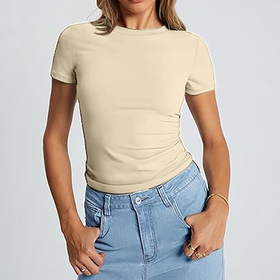 YOZGXEG Going Out Tops For Women Women Summer Short Sleeve Round Neck Thin Polyester Spandex Slim Crop Tee Top Multicolor Xs-Xl