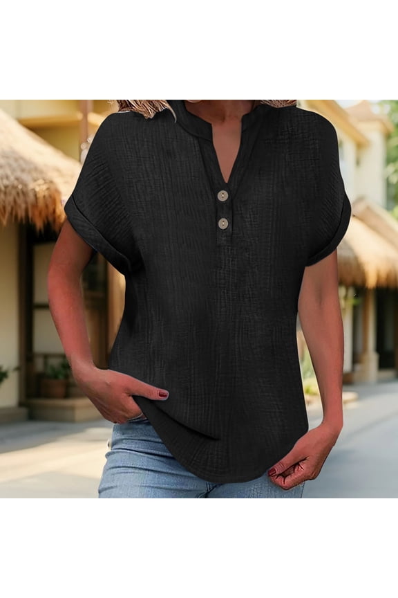 Going Out Tops For Women Solid Color V Neck Wrinkle Cloth Top Women Short Sleeve Rolled Up Button Double Layer Wrinkled Fabric T Shirt Black S-5Xl