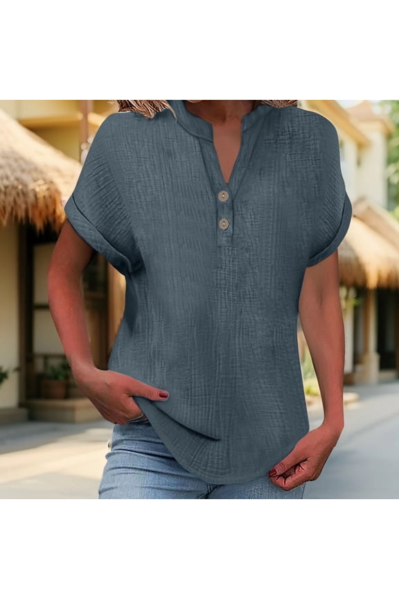 Going Out Tops For Women Solid Color V Neck Wrinkle Cloth Top Women Short Sleeve Rolled Up Button Double Layer Wrinkled Fabric T Shirt Gray S-5Xl
