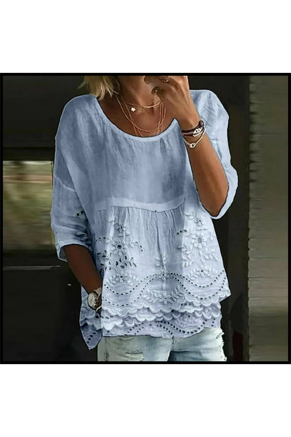 Long Sleeve Shirts For Women Print 3/4 Sleeve T Shirt Women Round Neck Loose Bubble Wrinkles Casual Top Blue S-5Xl