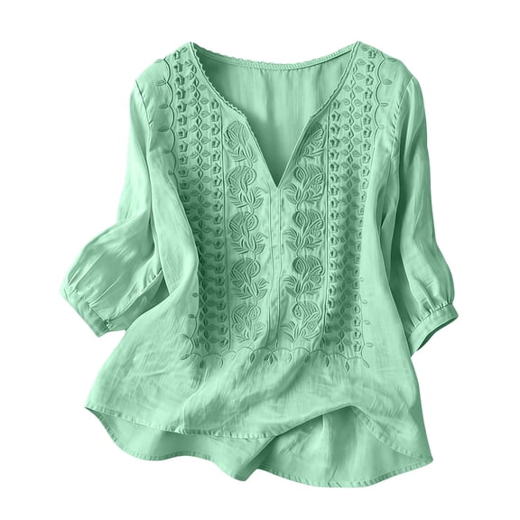 YOZGXEG Long Sleeve Shirts For Women Women Casual Solid Color Pleated Cotton Linen Seven Quarter Sleeve Embroidered Loose Blouse Top Green M-3Xl