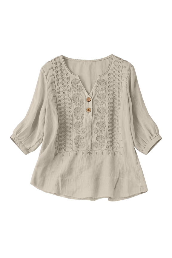 Long Sleeve Shirts For Women Women Fashion Solid Color Pleated Cotton Linen Seven Quarter Sleeve V Neck Sleeveless Vest Top Beige M-3Xl