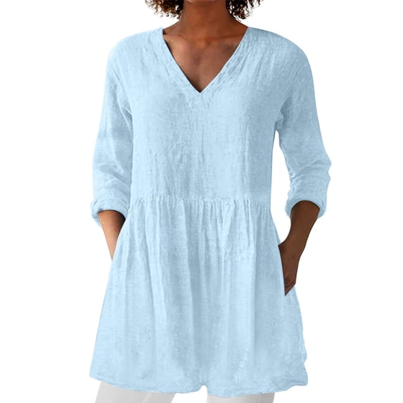 YOZGXEG Long Sleeve Shirts For Women Women Spring Summer Cotton Linen V Neck Mid Sleeve Mid Length Loose Casual Basic T Shirt Top Blue S-3Xl