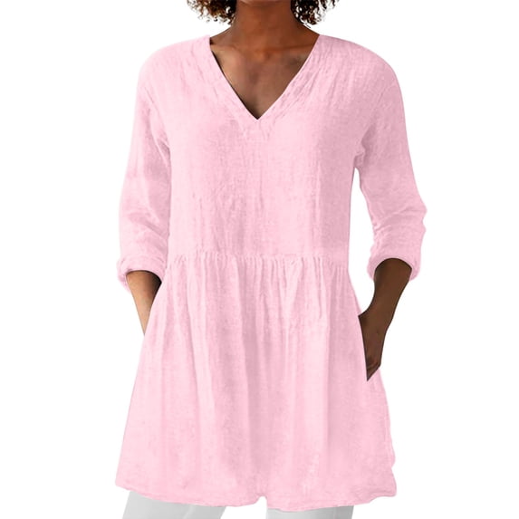 YOZGXEG Long Sleeve Shirts For Women Women Spring Summer Cotton Linen V Neck Mid Sleeve Mid Length Loose Casual Basic T Shirt Top Pink S-3Xl