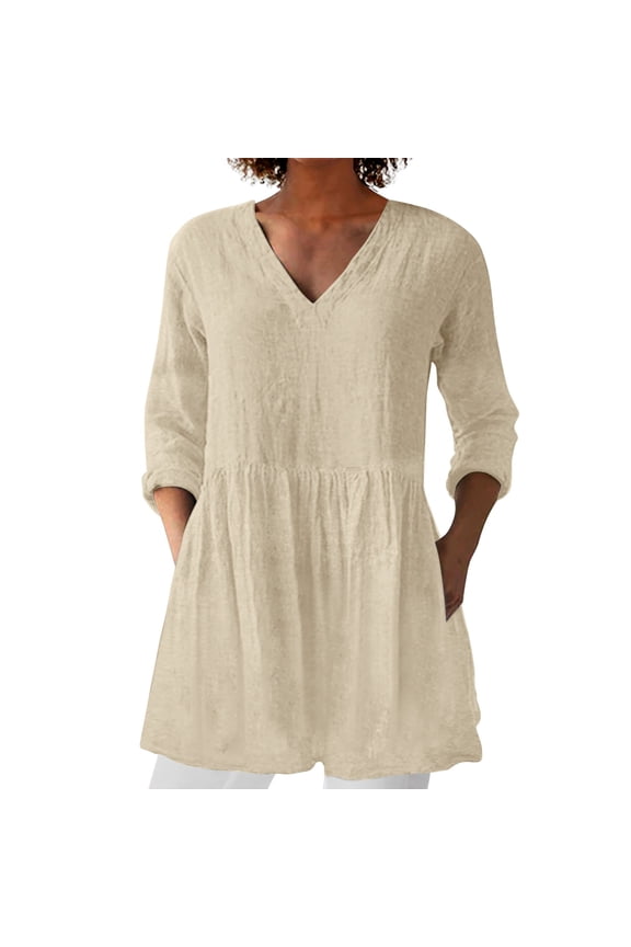 Long Sleeve Shirts For Women Women Spring Summer Cotton Linen V Neck Mid Sleeve Mid Length Loose Casual Basic T Shirt Top Yellow S-3Xl