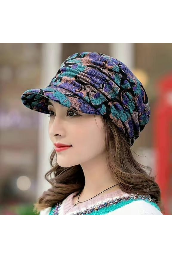 Spring Hats For Women Women Autumn Winter Short Brim Warm Foldable Earflap Cap Ethnic Floral Print Blue One Size