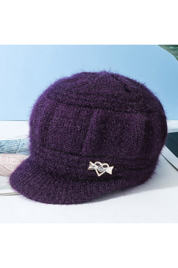 Spring Hats For Women Women'S Winter Warm Knit Snow Ski Hat With Visor Soft Stretchy Knitting Material Purple One Size