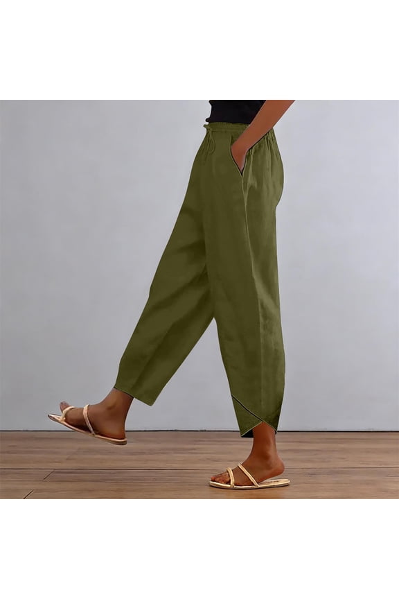 YOZGXEG Wide Leg Pants Women Ladies Casual Short Stacked V Slub Cotton High Waisted Elastic Trousers Black S-3Xl