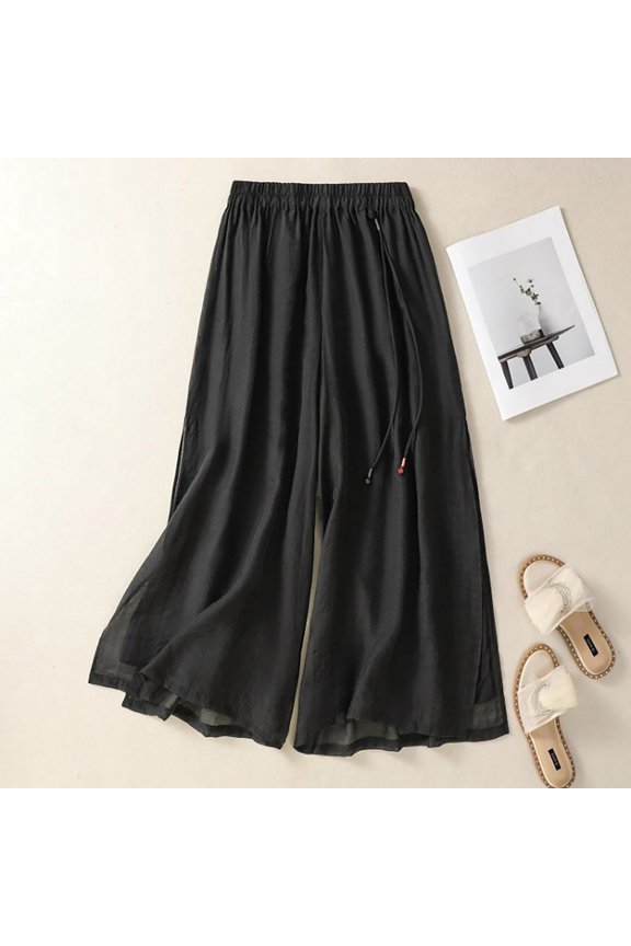 Wide Leg Pants Women Women'S Breathable Thin Wide Leg Pants Summer Elastic Waist Solid Color Split Casual Loose Trousers Black M-4Xl