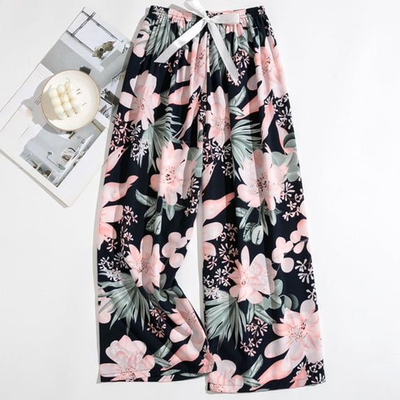 YOZGXEG Wide Leg Pants Women Women'S Comfy Printed Wide Leg Pajama Pants Bow Elastic Waist Long Casual Bottoms Blue One Size